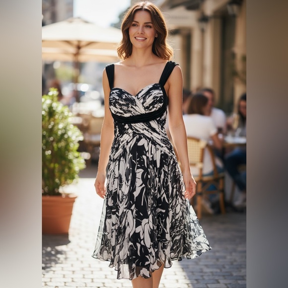 Tadashi Dresses & Skirts - Tadashi Shoji NEW Collection 100% Silk Midi Black and White Dress Size 10